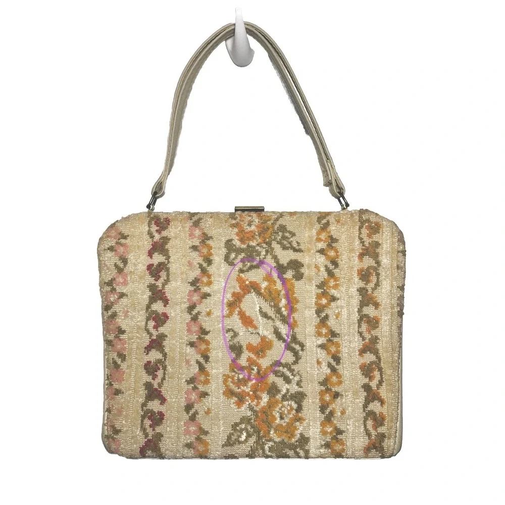 Vintage 1960s Floral Tapestry‎ Handbag Purse Fall Colors Mid Century Frame Bag